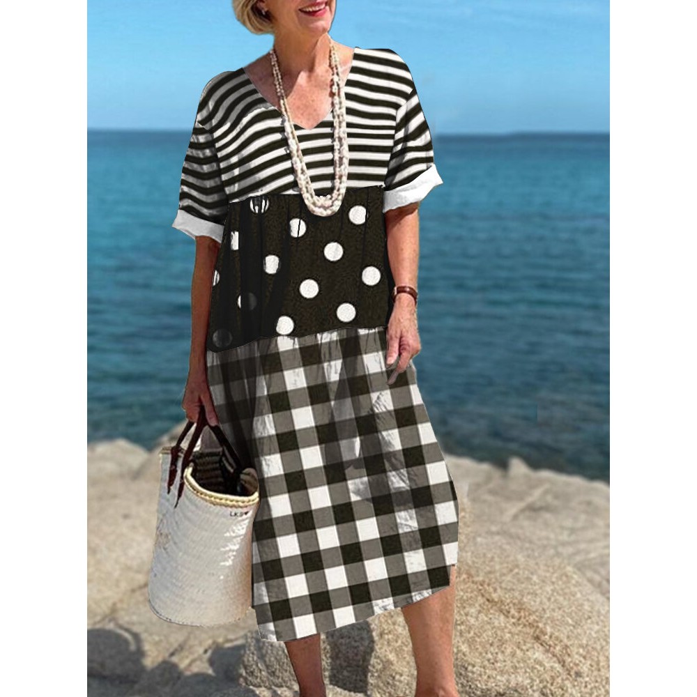 Women Striped Polkadot Plaid Patchwork V-Neck Short Sleeve Dress Women Striped Polkadot Plaid Patchwork V-Neck Short Sleeve Dress