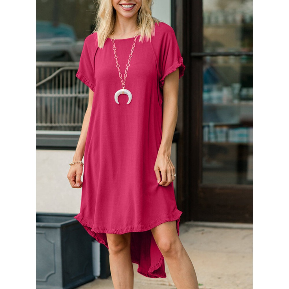 Women Solid Crew Neck Ruffle Trim Casual Short Sleeve Dress Women Solid Crew Neck Ruffle Trim Casual Short Sleeve Dress