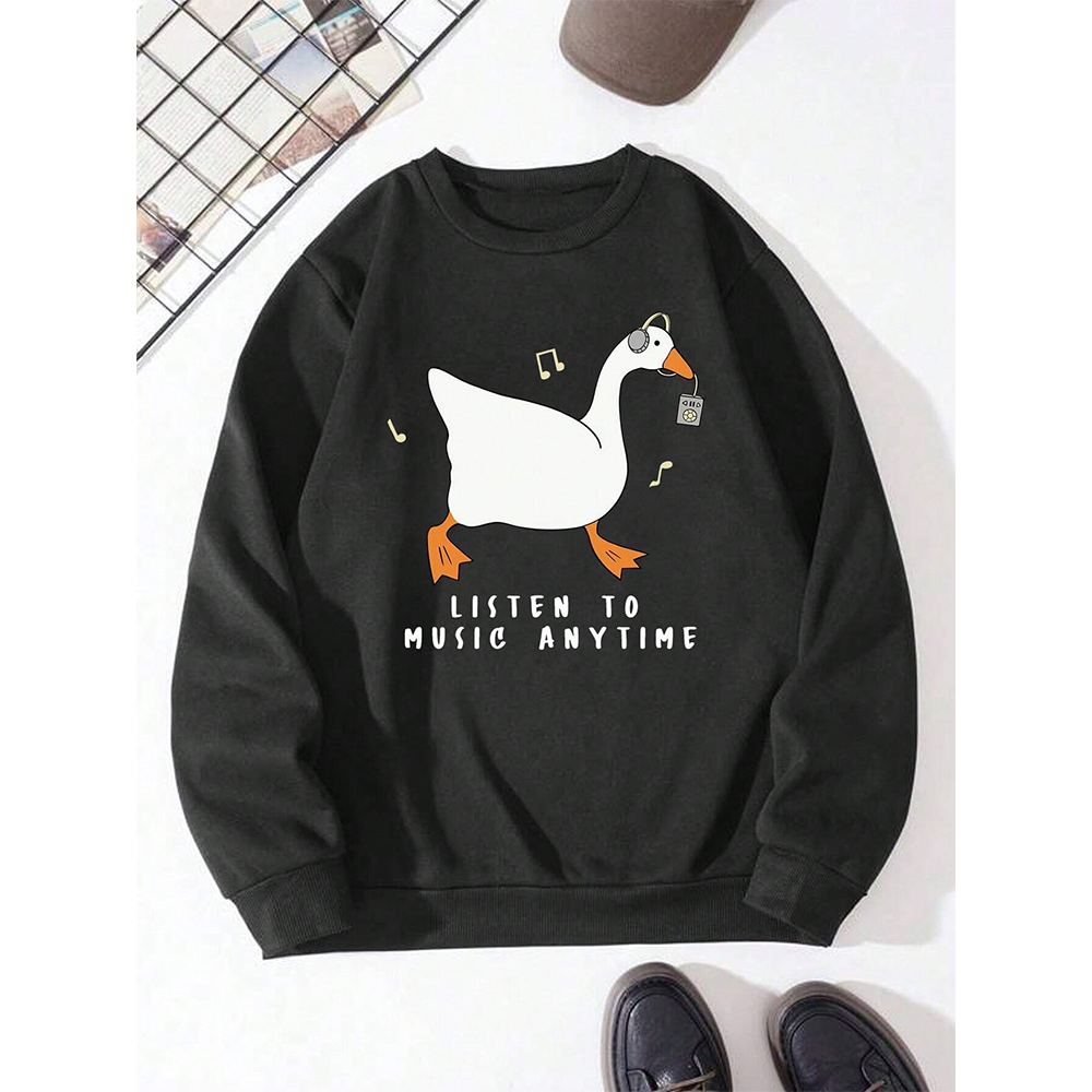 Mens Cartoon Duck Slogan Print Crew Neck Pullover Sweatshirts Winter Mens Cartoon Duck Slogan Print Crew Neck Pullover Sweatshirts Winter