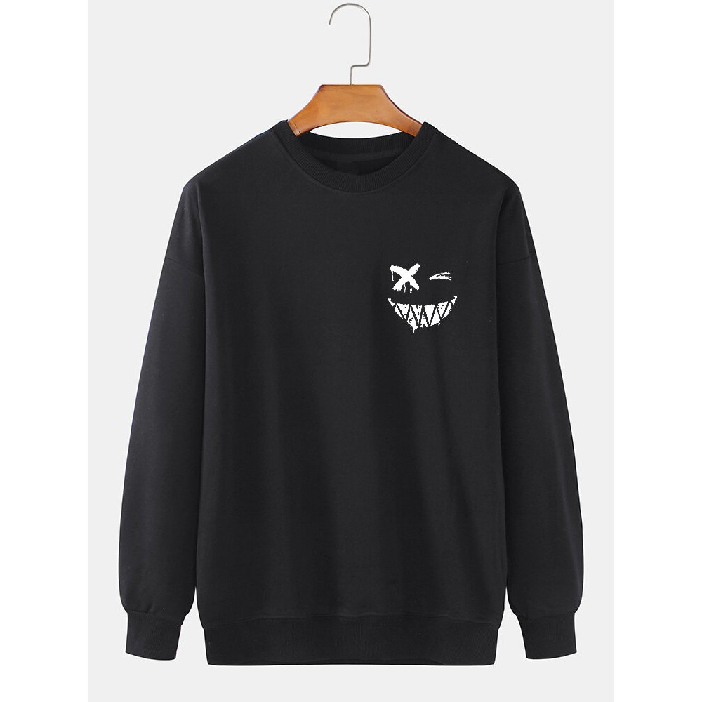 Mens Smile Face Chest Print Crew Neck Pullover Sweatshirts Mens Smile Face Chest Print Crew Neck Pullover Sweatshirts