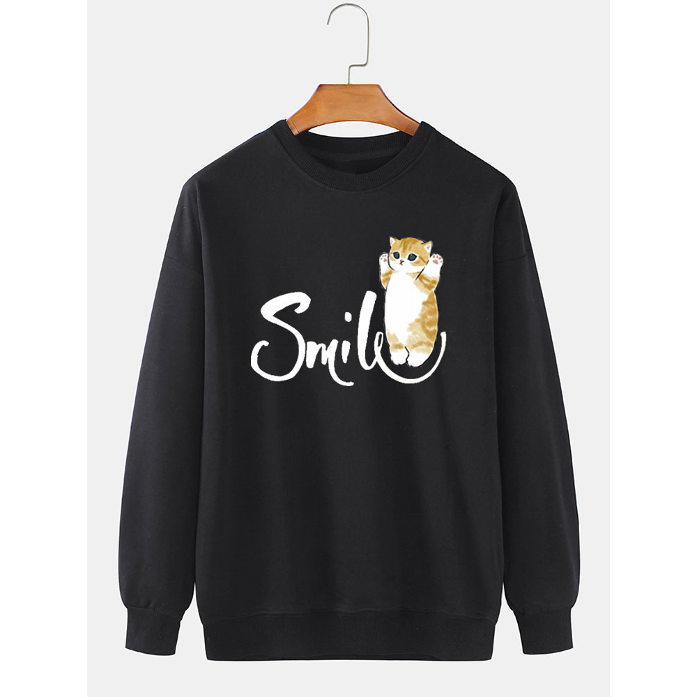 Mens Smile Cat Print Crew Neck Casual Pullover Sweatshirts Mens Smile Cat Print Crew Neck Casual Pullover Sweatshirts