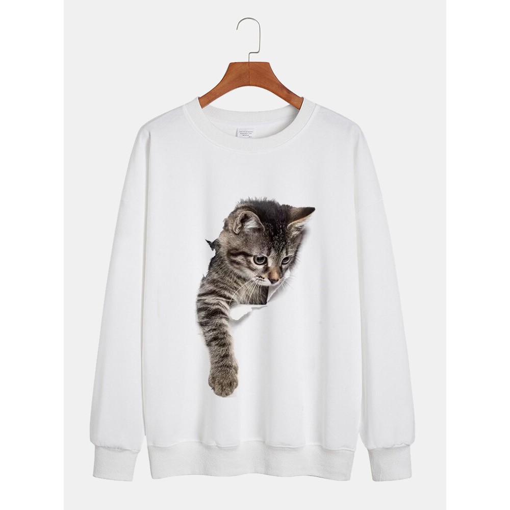 Mens 3D Cat Print Crew Neck Casual Pullover Sweatshirts Mens 3D Cat Print Crew Neck Casual Pullover Sweatshirts