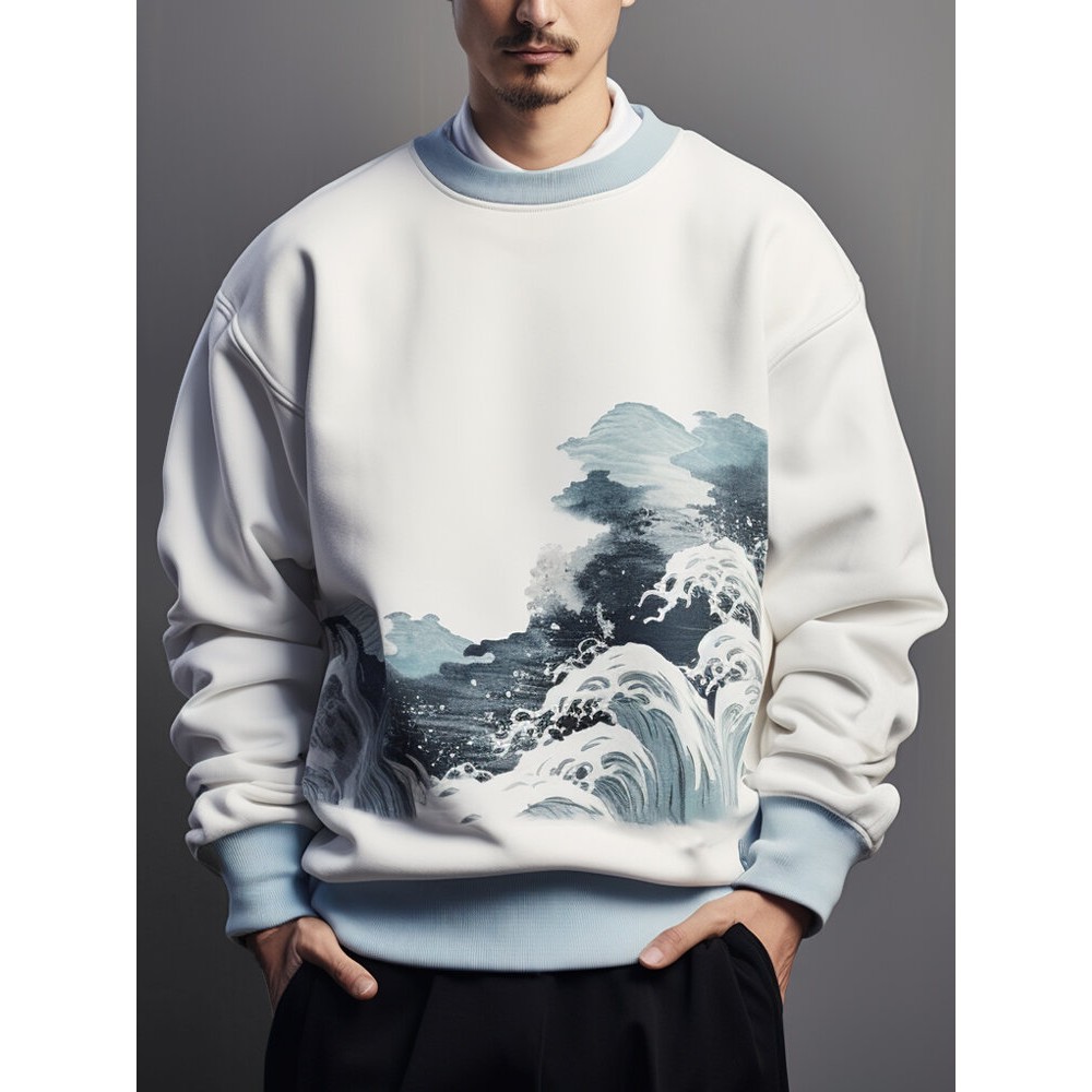 Mens Japanese Wave Ukiyoe Print Crew Neck Pullover Sweatshirts Mens Japanese Wave Ukiyoe Print Crew Neck Pullover Sweatshirts