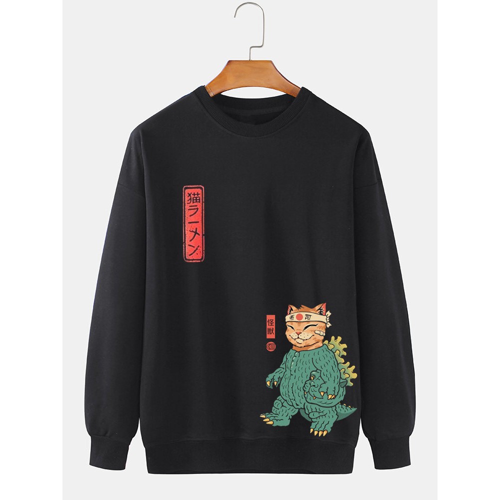 Mens Japanese Cartoon Cat Print Crew Neck Pullover Sweatshirts Winter Mens Japanese Cartoon Cat Print Crew Neck Pullover Sweatshirts Winter