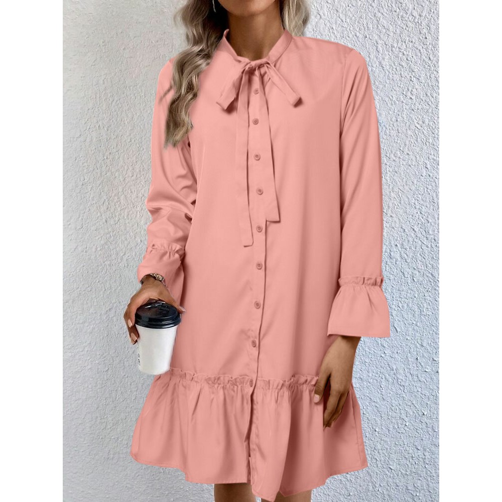 Women Ruffle Trim Tie Neck Plain Long Sleeve Shirt Women Ruffle Trim Tie Neck Plain Long Sleeve Shirt