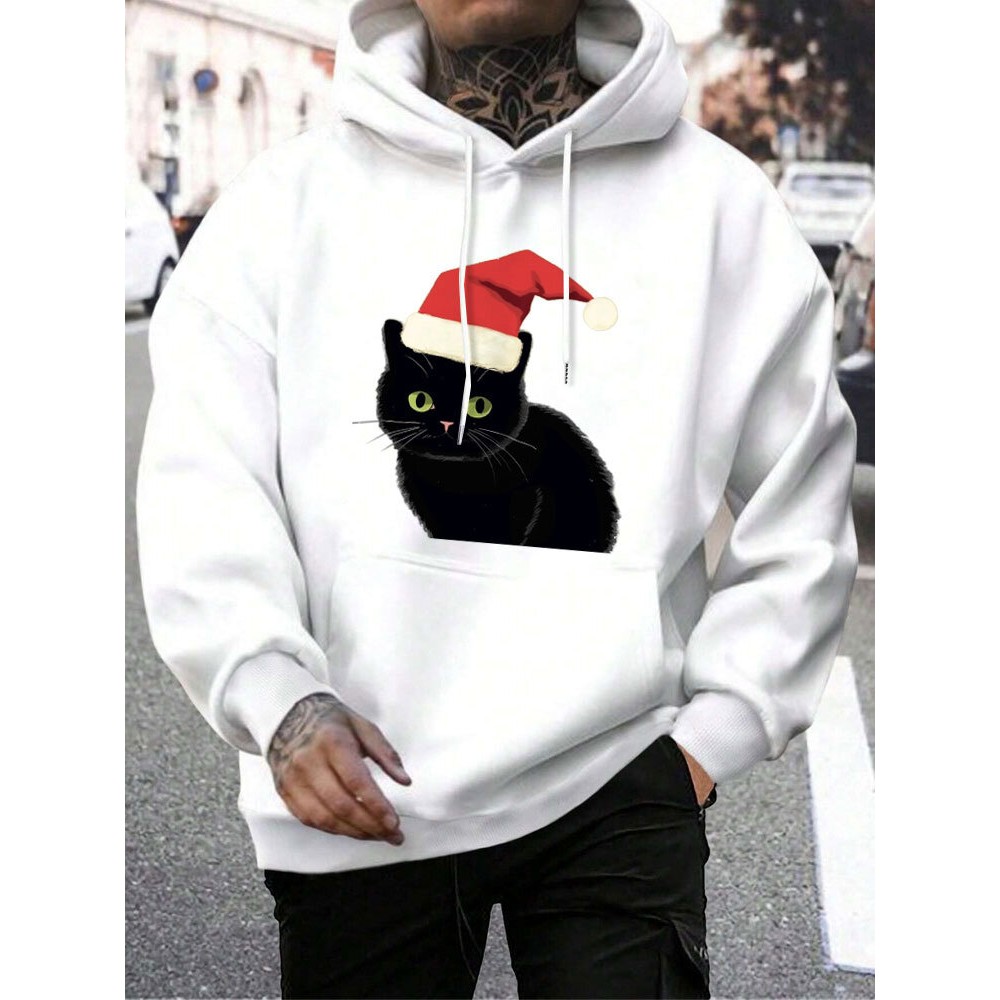 Mens Christmas Hat Cat Graphic Kangaroo Pocket Drawstring Hoodies Winter Mens Christmas Hat Cat Graphic Kangaroo Pocket Drawstring Hoodies Winter
